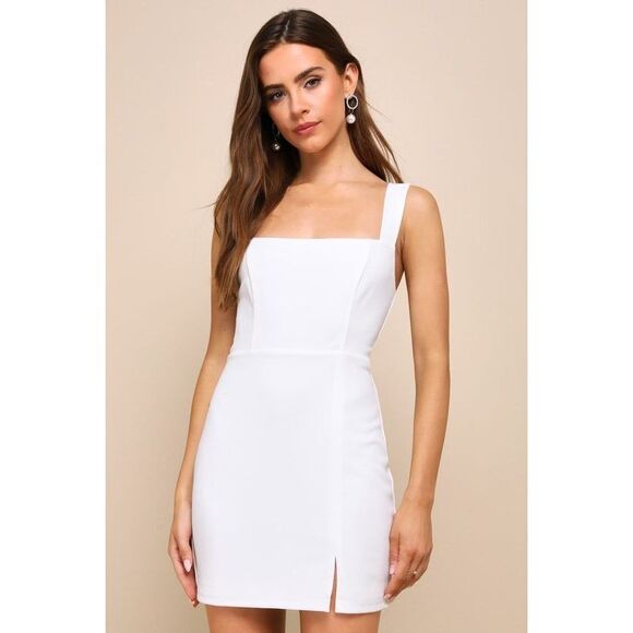 Lulus Social Sensation White Square Neck Mini Bodycon Dress - Size L - Picture 1 of 1